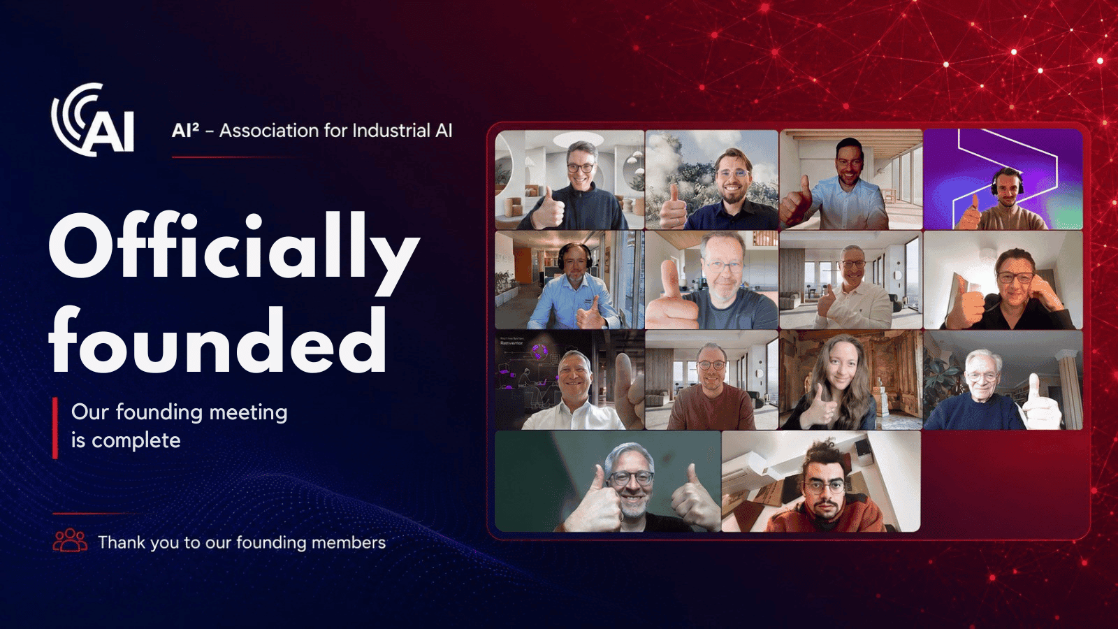 AI² founding meeting — founding members on video call celebrating the official founding of Association Industrial AI