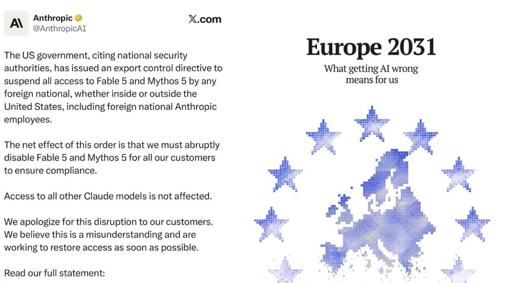 Anthropic statement on US export controls for Fable 5 and Mythos 5, alongside a symbolic Europe 2031 graphic on AI sovereignty