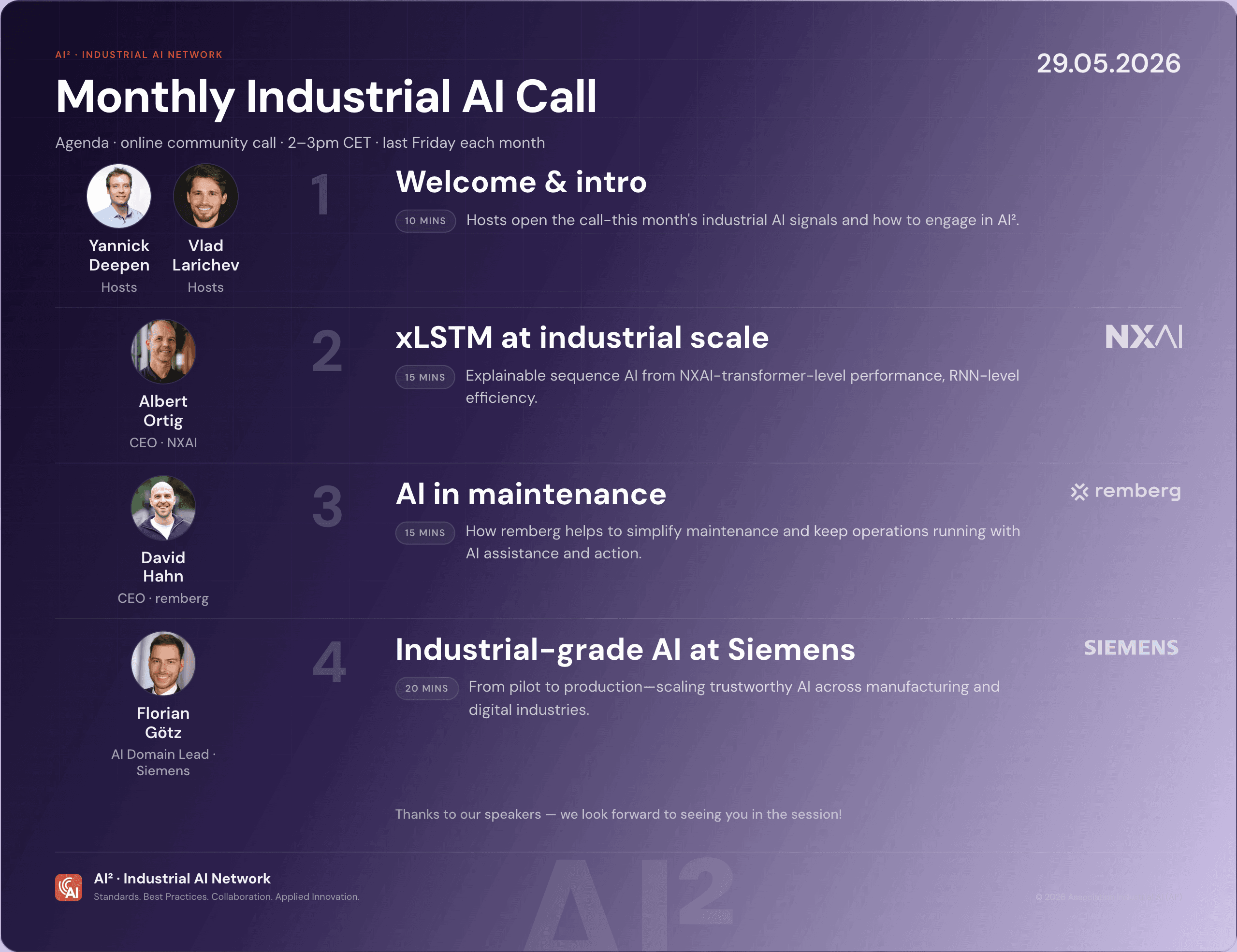 Agenda for the Monthly Industrial AI Call on 29 May 2026