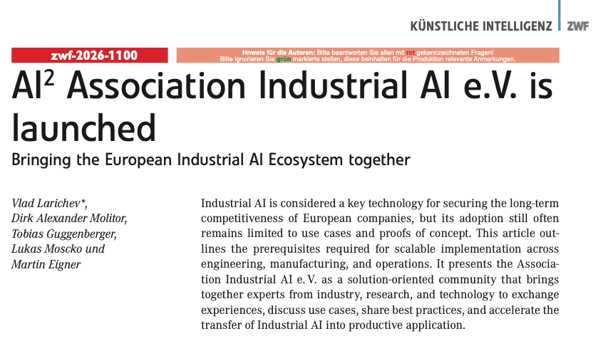 Opening page of the ZWF article “AI² Association Industrial AI e.V. is launched”, with authors and abstract
