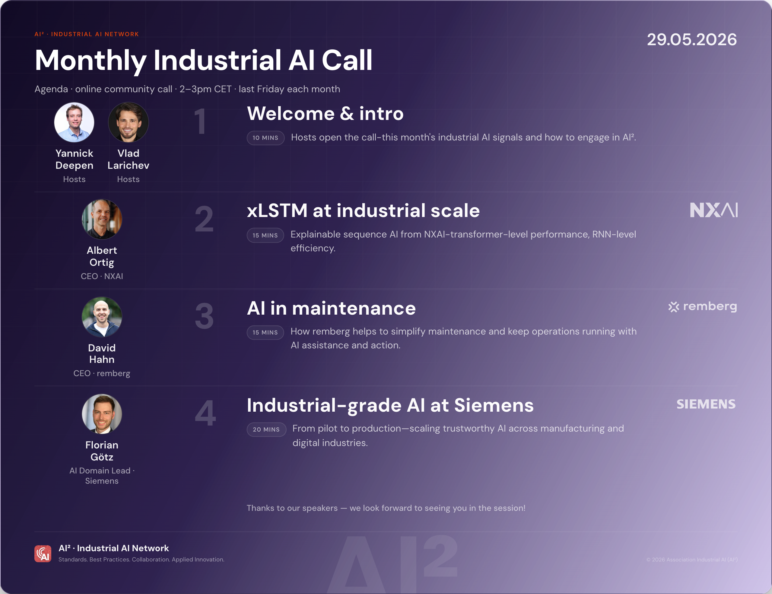 Agenda for the Monthly Industrial AI Call on 29 May 2026